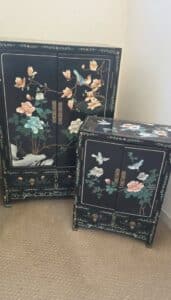 Pair-of-Vintage-Chinese-Black-Lacquer-Cabinets-with-Floral-and-Bird-Motif
