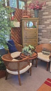 Pair-of-Vintage-Rattan-and-Cane-Barrel-Back-Armchairs-with-Round-Rattan-Side-Table
