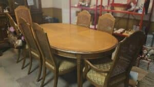 Thomasville-Provincial-Double-Base-Dining-Table-with-Six-Cane-Back-Chairs