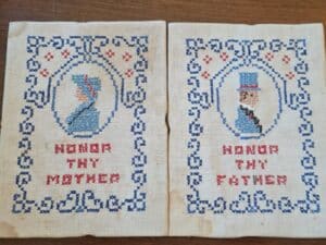 Vintage-Honor-Thy-Father-and-Thy-Mother-Cross-Stitch-Samplers-Set-of-