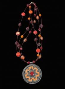 Artisan-Beaded-Pendant-Necklace-with-Orange-Enamel-and-Red-Cabochon-1