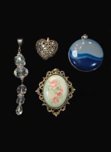 Assorted-Vintage-Costume-Jewelry-Lot-with-Aurora-Borealis-Pendant-Filigree-Heart-Pendant-Agate-Cabochon-Pendant-and-Rose-Transfer-Print-Brooch-1