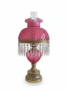 Fenton-Cranberry-Hobnail-Gone-With-The-Wind-Style-Lamp-with-Prisms