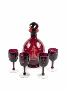 Mid-Century-Ruby-Red-Cut-to-Clear-Cordial-Set-with-Nautical-Motifs