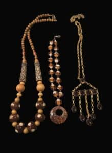 Vintage-Costume-Jewelry-Necklace-Trio-Wooden-Bohemian-Amber-Tone-Glass-and-Gold-Tone-Fringe-1