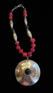 Tibetan-Silver-Red-Coral-and-Black-Stone-Pendant-Necklace