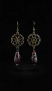 Victorian-Style-Antiqued-Brass-Filigree-With-Iris-Red-Teardrop-Earrings