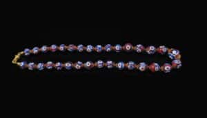Vintage-Venetian-Millefiori-Glass-Bead-Necklace-with-Red-White-and-Blue-Star-Pattern