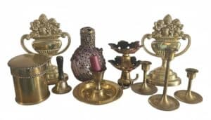 Collection-of-Vintage-Brass-Decorative-Accessories-including-Neoclassical-Urns-and-Candlesticks