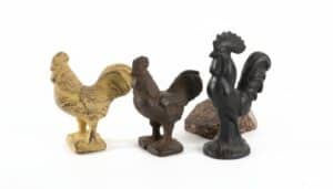 Set-of-Three-Vintage-Cast-Iron-Roosters-Yellow-Patina-Black