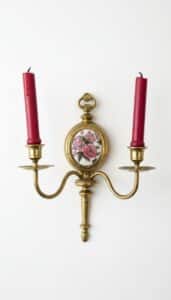 Vintage-Brass-Double-Arm-Sconce-with-Floral-Porcelain-Medallion