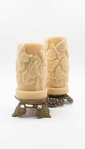 Vintage-Embossed-Butterfly-and-Daisy-Pillar-Candles-with-Brass-Stands