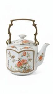 Vintage-HOMCO-Hand-Painted-Hexagonal-Porcelain-Teapot-with-Brass-Handle