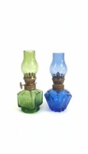Vintage-Miniature-Glass-Oil-Lamps-Cobalt-Blue-and-Green