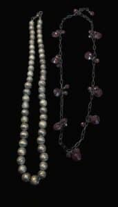 Vintage-Pyrite-Bead-Necklace-and-Dark-Red-Crystal-Charm-Necklace-Set