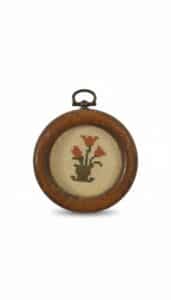 Vintage-Round-Wooden-Framed-Cross-Stitch-Floral-Sampler-with-Tulips