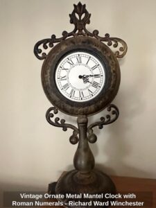 Vintage-Ornate-Metal-Mantel-Clock-with-Roman-Numerals-Richard-Ward-Winchester-Style