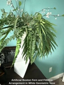 Artificial-Boston-Fern-and-Fittonia-Arrangement-in-White-Geometric-Vase