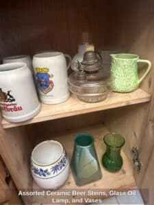 Assorted-Ceramic-Beer-Steins-Glass-Oil-Lamp-and-Vases