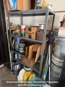 Assorted-Paint-Cans-Household-Supplies-and-Metal-Shelving-Unit-1