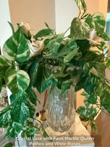 Crystal-Vase-with-Faux-Marble-Queen-Pothos-and-White-Roses