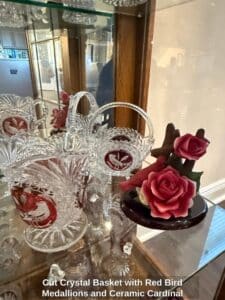 Cut-Crystal-Basket-with-Red-Bird-Medallions-and-Ceramic-Cardinal-Arrangement