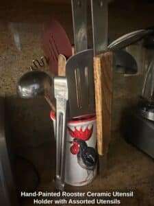 Hand-Painted-Rooster-Ceramic-Utensil-Holder-with-Assorted-Utensils