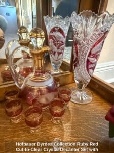 Hofbauer-Byrdes-Collection-Ruby-Red-Cut-to-Clear-Crystal-Decanter-Set-with-Vases