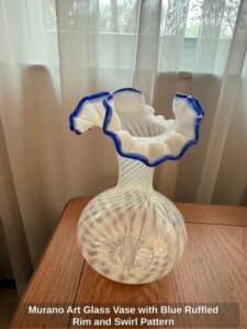 Murano-Art-Glass-Vase-with-Blue-Ruffled-Rim-and-Swirl-Pattern-1