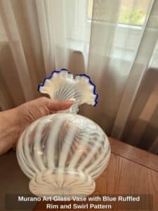 Murano-Art-Glass-Vase-with-Blue-Ruffled-Rim-and-Swirl-Pattern-second-image-1