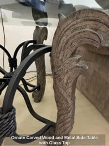 Ornate-Carved-Wood-and-Metal-Side-Table-with-Glass-Top-second-image-1