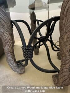 Ornate-Carved-Wood-and-Metal-Side-Table-with-Glass-Top-third-image-1