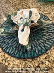 Pier-Beaded-Peacock-Teal-Blue-Green-Glass-Beads-Placemat-with-Organic-Green-Glass-Charger-Plate-Floral-Napkin-and-Beaded-Napkin-Ring