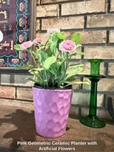 Pink-Geometric-Ceramic-Planter-with-Artificial-Flowers