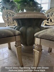 Round-Glass-Top-Dining-Table-with-Ornate-Pedestal-Base-and-Four-Floral-Back-Upholstered-Chairs-third-image-1