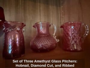 Set-of-Three-Amethyst-Glass-Pitchers-Hobnail-Diamond-Cut-and-Ribbed-1