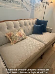 Southern-Furniture-Company-Tufted-Sofa-with-French-Provincial-Style-Wood-Trim-third-image-1
