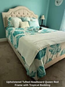 Upholstered-Tufted-Headboard-Queen-Bed-Frame-with-Tropical-Bedding
