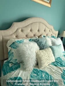 Upholstered-Tufted-Headboard-Queen-Bed-Frame-with-Tropical-Bedding-second-image