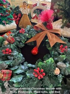Vintage-Artificial-Christmas-Wreath-with-Holly-Pinecones-Plaid-Gifts-and-Red-Bow-1