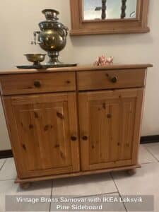Vintage-Brass-Samovar-with-IKEA-Leksvik-Pine-Sideboard