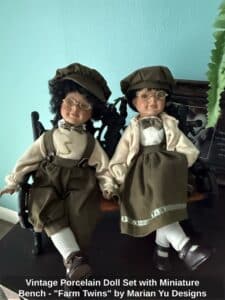 Vintage-Porcelain-Doll-Set-with-Miniature-Bench-Farm-Twins-by-Marian-Yu-Designs