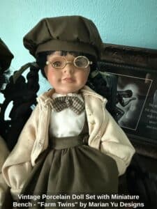 Vintage-Porcelain-Doll-Set-with-Miniature-Bench-Farm-Twins-by-Marian-Yu-Designs-fourth-image