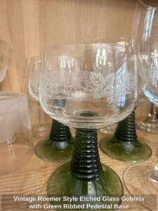 Vintage-Roemer-Style-Etched-Glass-Goblets-with-Green-Ribbed-Pedestal-Base