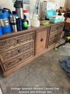 Vintage-Spanish-Revival-Carved-Oak-Armoire-and-Dresser-Set-third-image-1