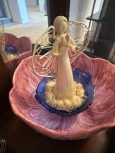 Corn-Husk-Angel-Figurine-in-Seymour-Mann-Hand-Painted-Ceramic-Flower-Bowl