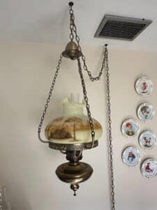 Fenton-Hand-Painted-Log-Cabin-Hanging-Oil-Lamp-Signed-Clara-F