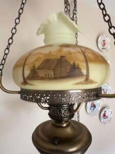 Fenton-Hand-Painted-Log-Cabin-Hanging-Oil-Lamp-Signed-Clara-F.-second-image