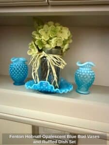 Fenton-Hobnail-Opalescent-Blue-Bud-Vases-and-Ruffled-Dish-Set