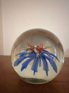 Glass-Paperweight-with-Blue-Flower-and-Red-Insects